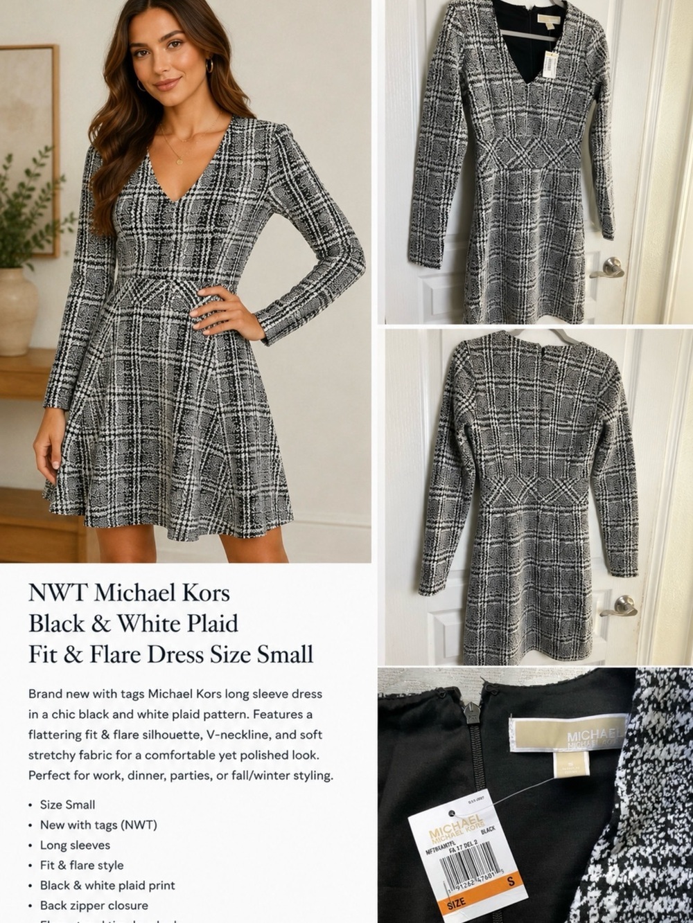 NWT Michael Kors Black & White Plaid Fit & Flare Dress Size Small